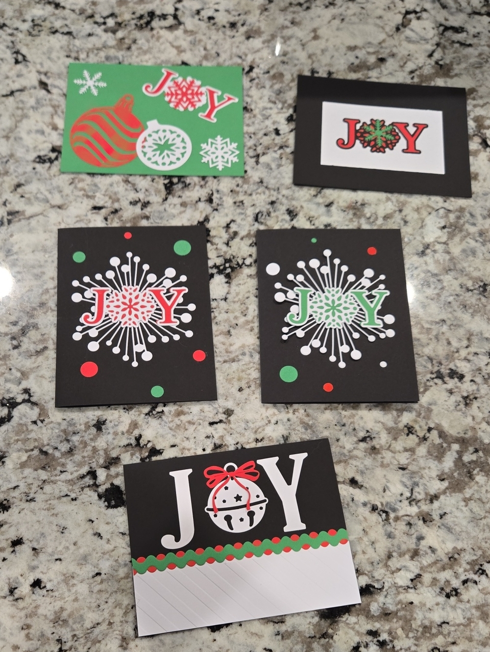 Hand Crafted Holiday "Joy" Greeting Card Set Of 5 – Black, Green & Red
